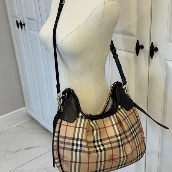 BURBERRY Chocolate Brown Leather Haymarket Check Coated Canvas Chain Strap Hobo - Picture 7 of 17